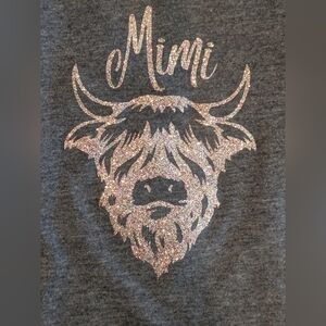 Mimi Highland Cow Glitter Graphic V-Neck Tee Gray Grandma Gift Shirt